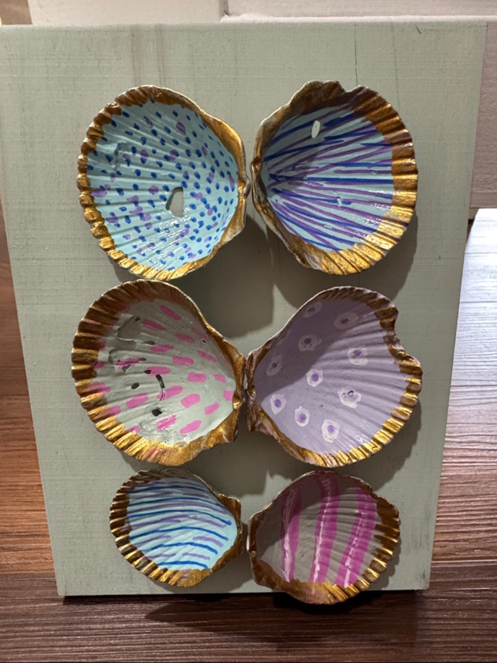 Hand-Painted Decorative Seashell Wall Art - Pastel Multicolor with Gold Trim